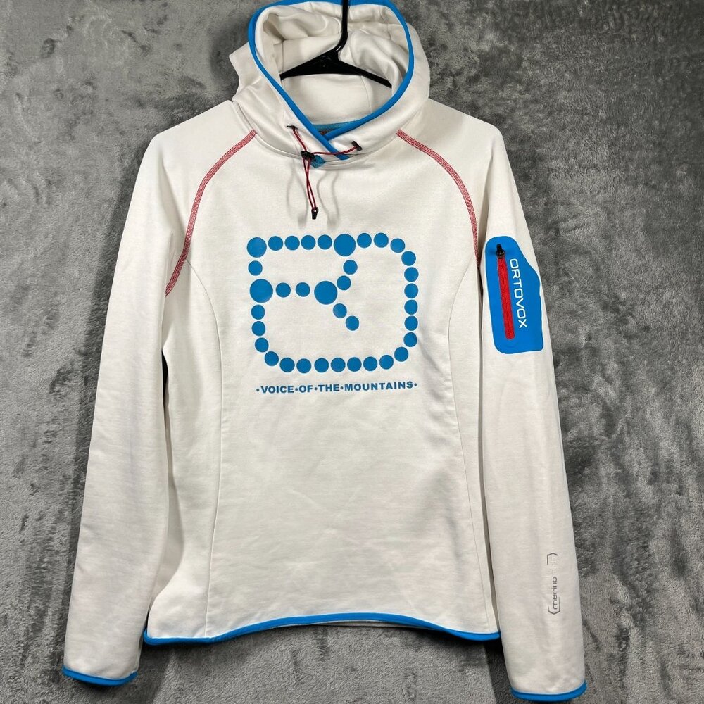 Ortovox Merino Wool Hoodie Women M White Blue Logo Sweater Outdoor Softshell